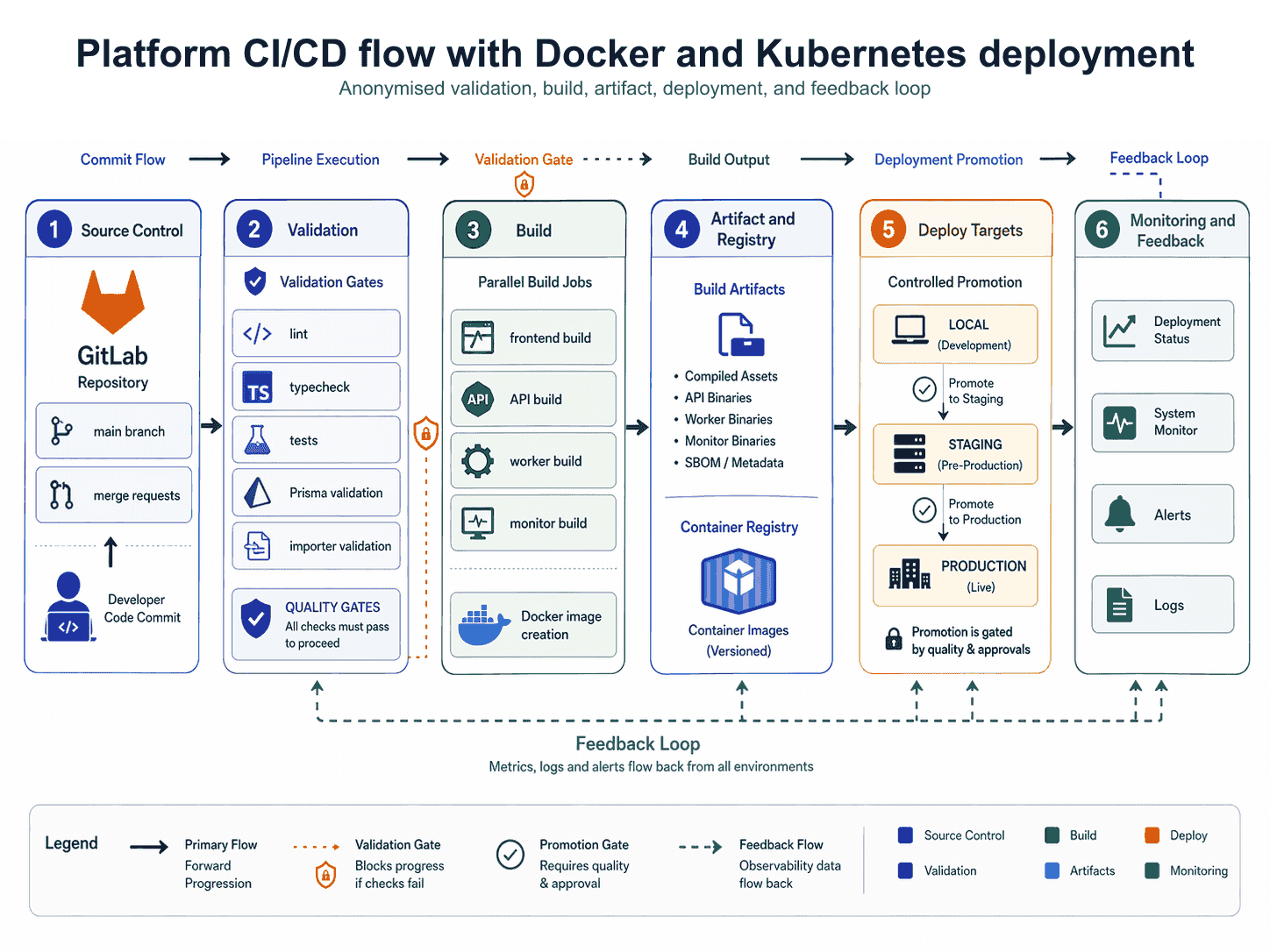 Anonymised CI/CD pipeline diagram showing source control through to staged and production deployment via Docker and Kubernetes.